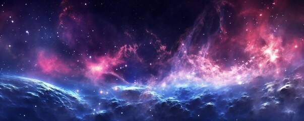 Naklejka premium Space background with stardust and shining stars. Realistic colorful cosmos with nebula and milky way. Blue galaxy background. Beautiful outer space. Infinite universe Generative AI