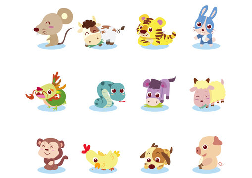 Set of Chinese zodiac 12 animal icon set, cartoon of Zodiac horoscope animal sign collection stickers, Vector illustration