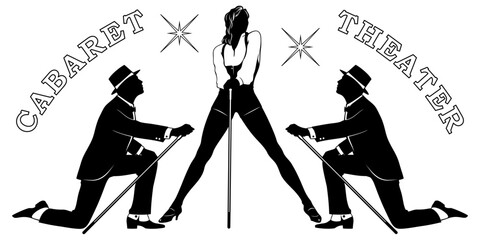 Cabaret Dancers Silhouettes. Woman and two men with canes. Vector cliparts isolated on white.