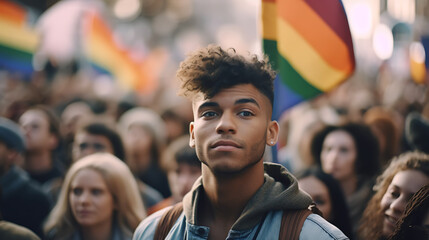 Young man on the LGBT parade.Created with Generative AI technology.