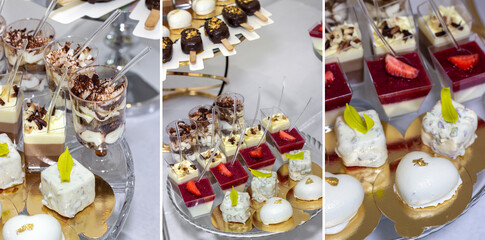 Collage of light tender desserts. Wedding candy bar. Fruity strawberry. chocolate, pistachio cakes. Tiramisu, sweets, chocolate. Holiday treats. Confectionery.