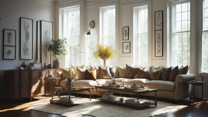 Beautiful living room design in light warm colors, with a pleasant sun shining through the window