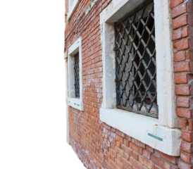 View of the ancient old european street in Italy. Street scene, old wall and window with iron grille.