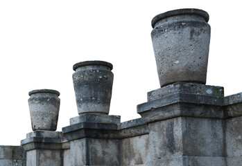 Old stone vases ornament in medieval city isolated PNG photo with transparent background. High...