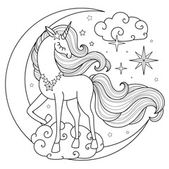 A beautiful unicorn with a long mane and tail on the moon. Black and white linear drawing. For children's design of coloring books, prints, posters, cards, stickers and so on. Vector © Zerlina