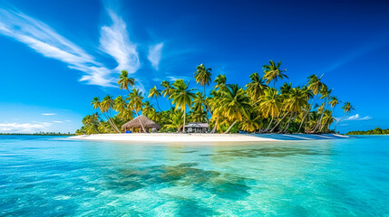 Obraz na płótnie Canvas paradise tropical island with sandy beach and palm trees in the blue sea, banner, made with Generative AI