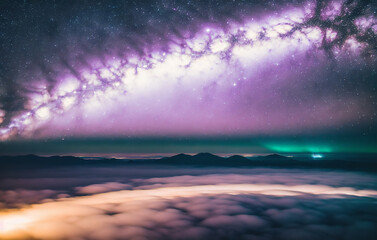 Fototapeta na wymiar Aerial view Milky Way over the mountains in the fog at night. Generative AI.