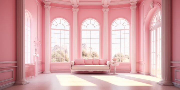 pink room with a large window and gleaming white floorboards, creating a soothing and elegant ambiance