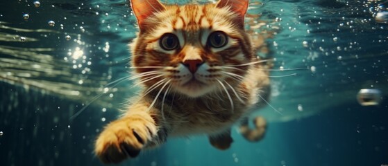 Cat swims gracefully underwater. Generative AI