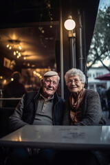 Generative AI illustration of happy old Caucasian couple enjoying having a drink on a bar terrace