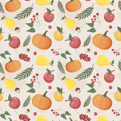 Autumn pattern with pumpkin, leaves, apple, pear, berries. Autumn background, vector seamless pattern.