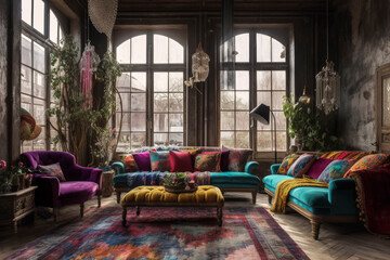 Generative illustration of Large boho chic style sofa with a bold design and light colors in velvet with flower prints and different stripes