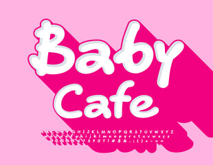 Vector funny Poster Baby Cafe. Playful 3D with Big Pink Shadow. Creative Alphabet Letters, Numbers and Symbols set 