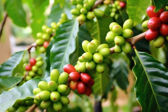Trees on an organic coffee farm with red coffee cherries ready for harvest, AI Generative