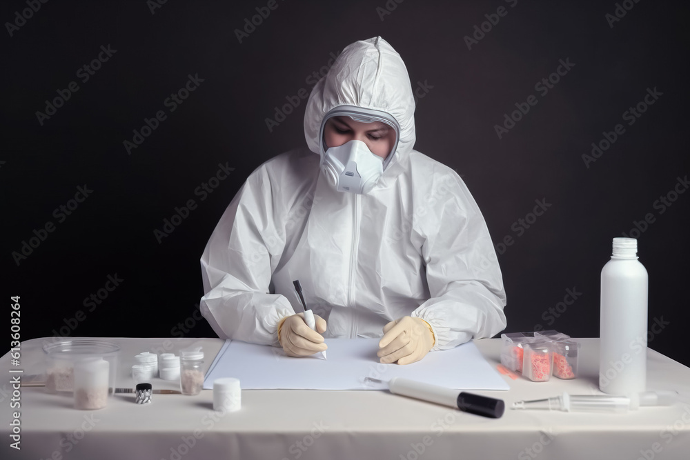 Poster scientist in protective suit and mask working with reagents in laboratory. generative ai