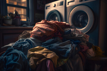 Obraz premium A huge pile of clothes and dirty laundry in the bathroom near the washing machines. Generative AI