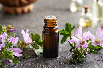 A bottle of mallow essential oil with blooming malva sylvestris twigs