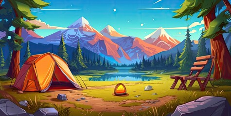 camping adventure with a delightful cartoon scene featuring all the essential camping equipment and a cozy camping set