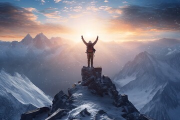 A man stands triumphantly on the mountain summit, arms raised in jubilation, embodying the exhilarating feeling of success and accomplishment - obrazy, fototapety, plakaty