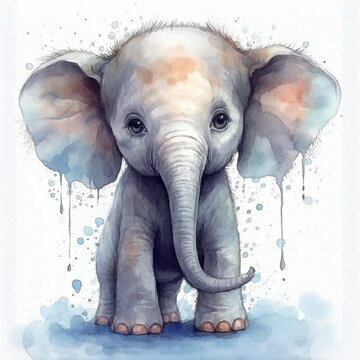 Watercolor Painting of Baby Elephant - AI Generative