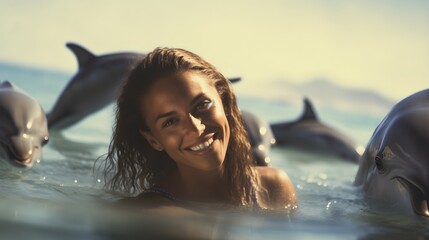 Handsome young woman swimming with dolphins in blue sea, having fun, friends, snorkeling, ocean, portrait, sunlight, wild life, exotic, tourism, AI Generated.