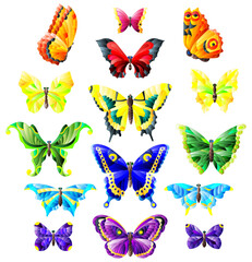 A set of illustrations in the style of stained glass with bright butterflies, animals isolated on a white background