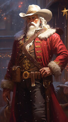 Western Santa Claus in a western snow scene. Created using ai generative. 