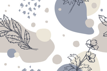 Seamless pattern with hand drawn abstract shapes and floral elements. Vector illustration. background design template
