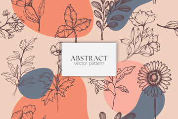 Seamless pattern with hand drawn abstract shapes and floral elements. Vector illustration. background design template