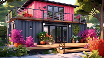 Fototapeta na wymiar beautiful container house with flower garden yard, Generative Ai