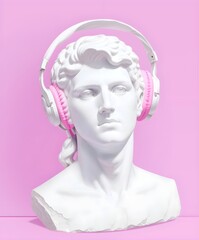 Statue of a man with headphones listening to music on a pink pastel background
