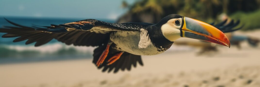 Toucan flies over the beach. Tropical beauty and bright colors. Generative AI