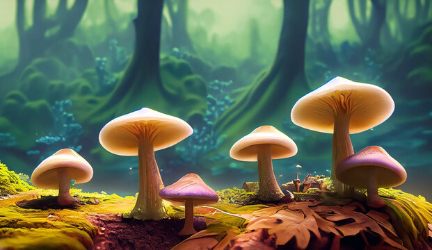 fabulous big mushrooms in a magical forest fantasy mushrooms illustration