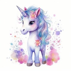 Watercolor Illustration of Cute Little Unicorn - AI Generative
