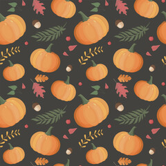 Autumn pattern with pumpkin, leaves. Autumn background, vector seamless pattern.