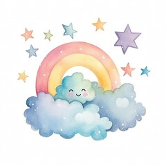 Watercolour Illustration of Cheerful Cloud with Rainbow - AI Generative