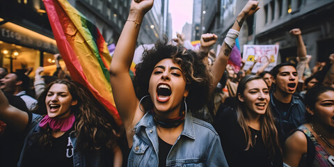 A group of diverse activists marching in a busy city street, carrying colorful banners and shouting slogans promoting gender equality, racial justice, and LGBTQ+ rights.