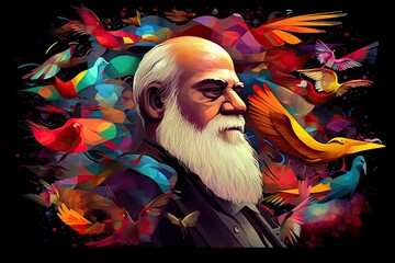 Colorful Illustration of Charles Darwin, Natural selection and evolution scientist, Generative AI - obrazy, fototapety, plakaty