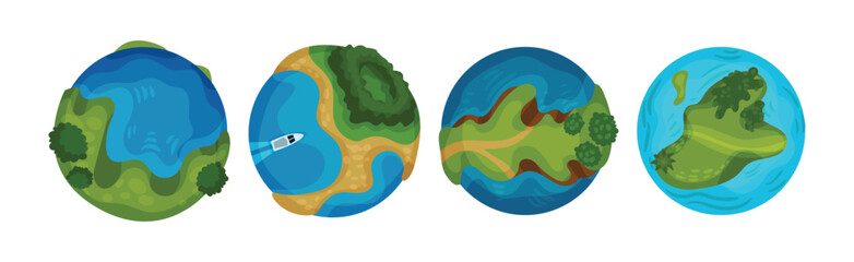 Round Planet Earth and Globe with Land and Ocean Vector Set