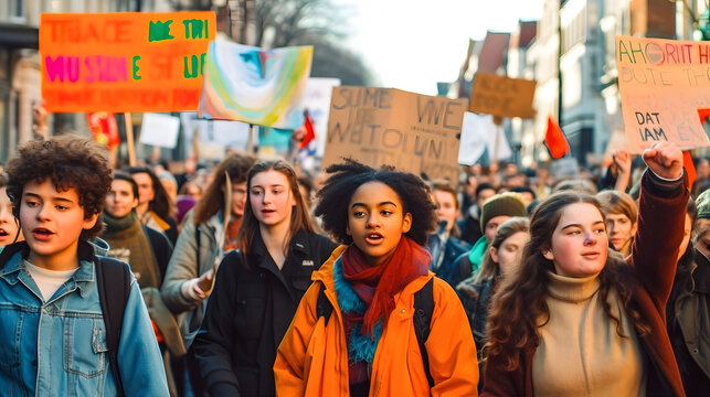 A protest march for climate change awareness, with vibrant signs and banners, amidst a bustling cityscape at sunset, invoking a sense of urgency and determination