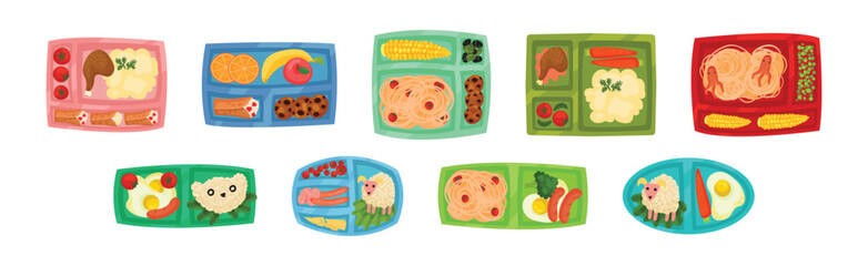 Meal Tray for Kids with Fresh Appetizing Food in Different Section Above View Vector Set
