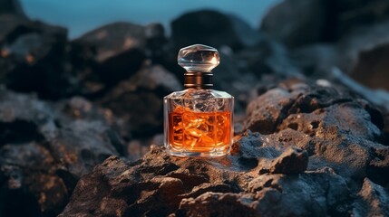 Obraz na płótnie Canvas Glass bottle of orange perfume on black stone surface. Generative AI