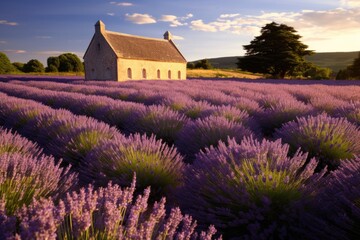 Sunset over a violet lavender field , AI Generated