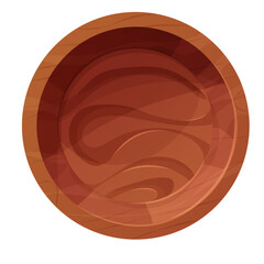 Wooden plate, bowl top view in cartoon style isolated on white background. Textured kitchen rustic tableware, traditional.