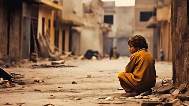 An impoverished child sitting alone on a desolate street corner, with ragged clothes and a look of sadness, abandoned buildings and broken infrastructure in the background