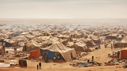 Refugee crisis, A vast refugee camp with makeshift tents, A barren desert landscape, A feeling of desperation and displacement