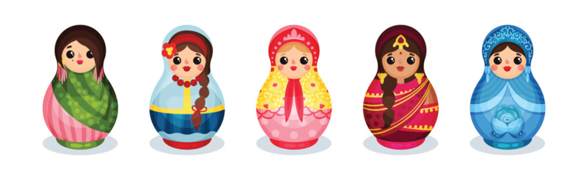 Russian Matryoshka Dolls in National Costume of Different Country Vector Set
