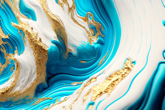 Fluid Art. Liquid Turquoise and white waves with molten gold metal. Generative AI illustration