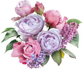 Roses and lilac isolated on a transparent background. Png file.  Floral arrangement, bouquet of garden flowers. Can be used for invitations, greeting, wedding card.