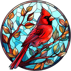 Round stained-glass illustration of a northern red cardinal bird in a stained-glass/mosaic window. AI-generated art.